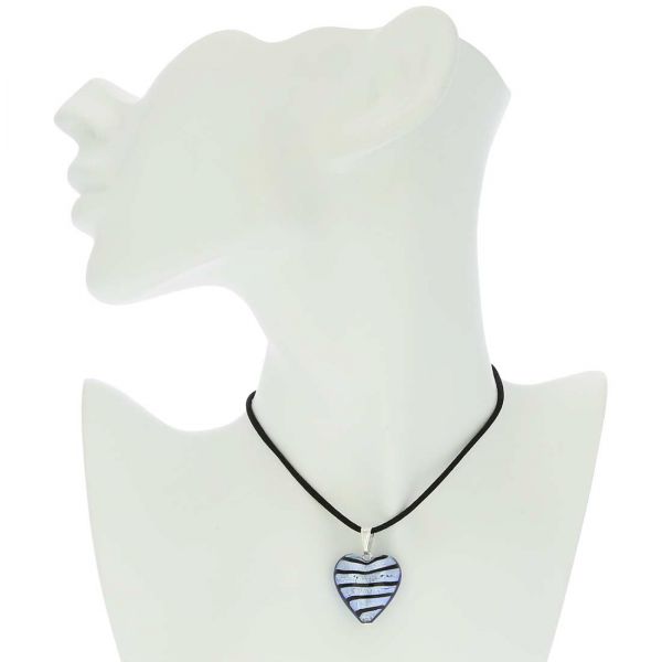 Murano Heart Pendant - Striped Silver Blue