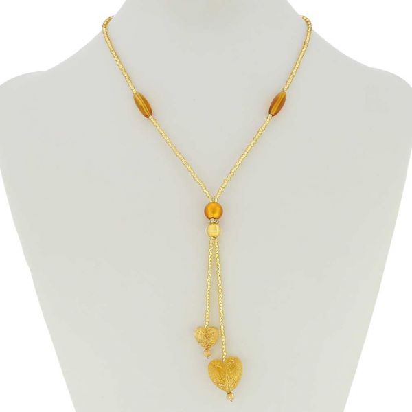 Murano Heart Tie Necklace - Cognac and Gold