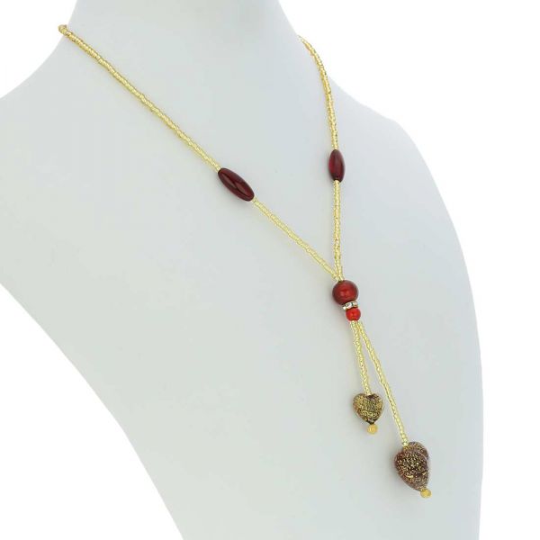 Murano Heart Tie Necklace - Ruby Red and Gold