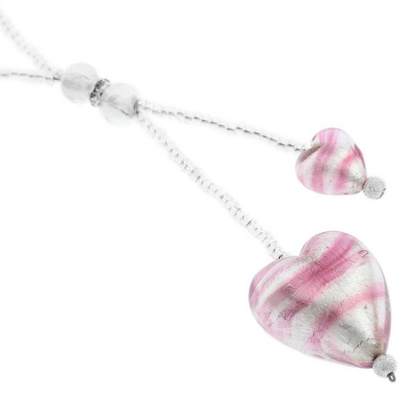 Murano Heart Tie Necklace - Striped Silver Pink