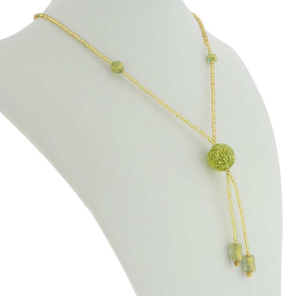 Murano Ball Tie Necklace - Green and Gold