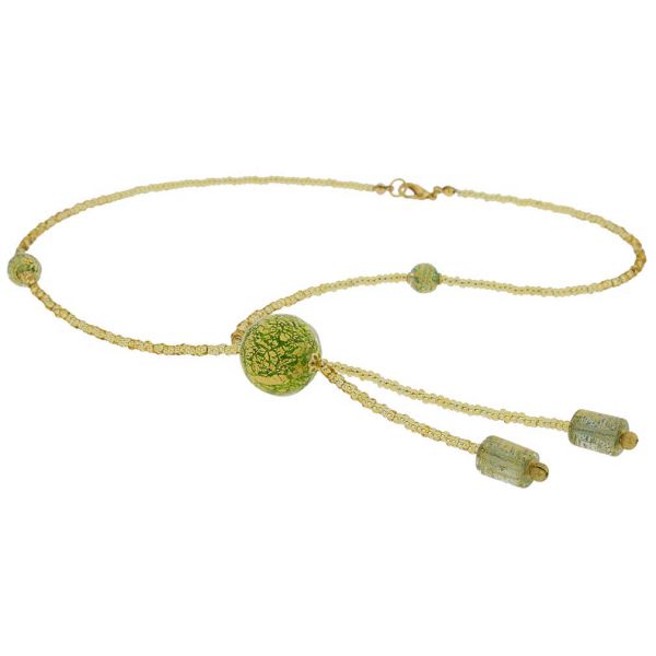 Murano Ball Tie Necklace - Green and Gold