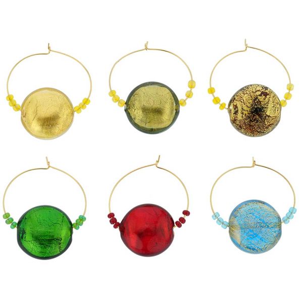 Murano Glass Ca D`Oro Disk Wine Glass Charms Set Of 6