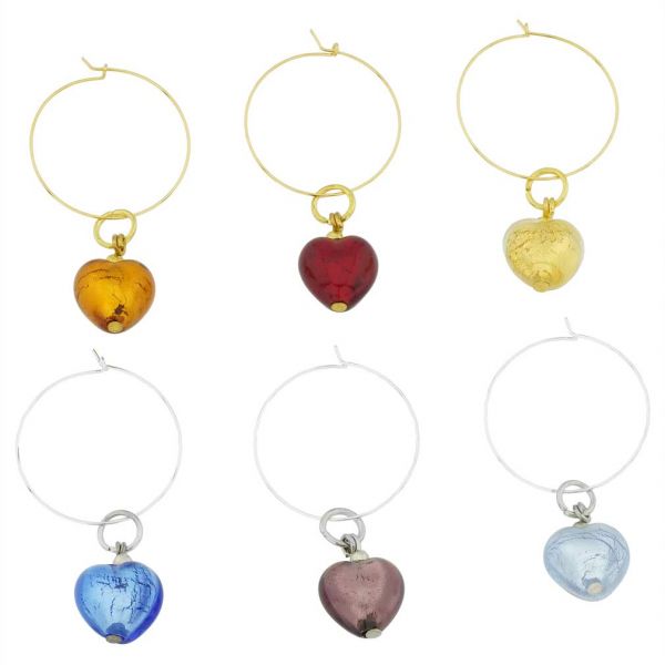 Murano Glass Heart Wine Glass Charms Set Of 6