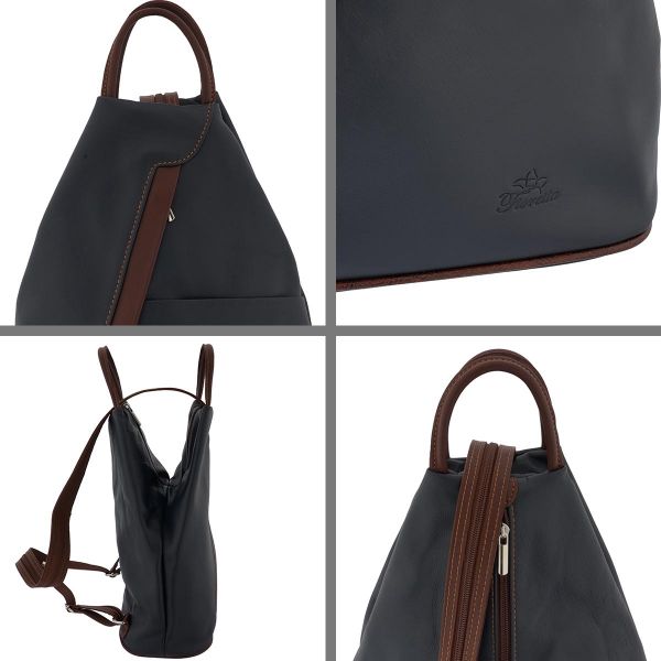 Fioretta Italian Genuine Leather Top Handle Backpack Purse Shoulder Bag Handbag Rucksack For Women - Dark Blue Brown