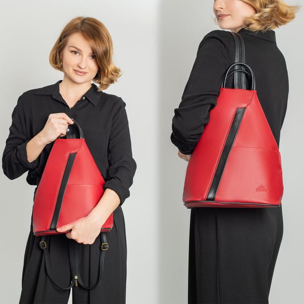 Fioretta Italian Genuine Leather Top Handle Backpack Purse Shoulder Bag Handbag Rucksack For Women - Red Black