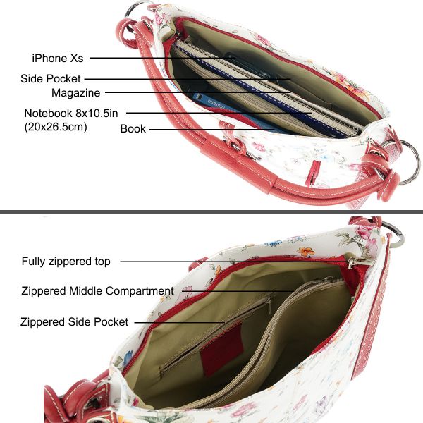 Fioretta Italian Genuine Leather Flower Pattern Zippered Top Tote Shoulder Bag Handbag For Women - Red