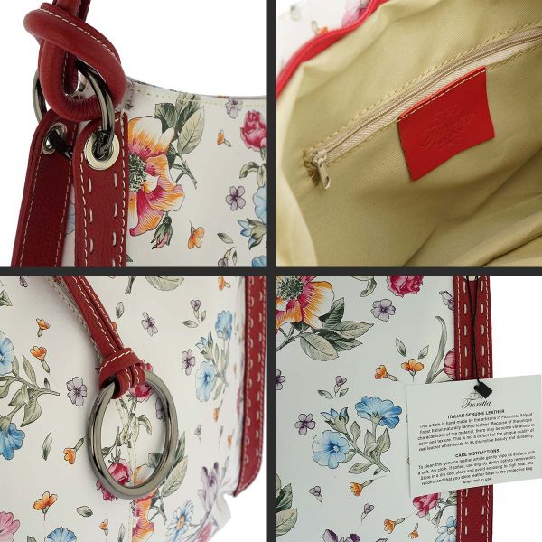 Fioretta Italian Genuine Leather Flower Pattern Zippered Top Tote Shoulder Bag Handbag For Women - Red