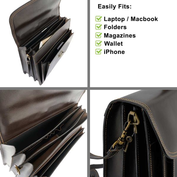 Fioretta Genuine Leather Italian Briefcase For Men And Women Attache Case Shoulder Laptop Bag - Dark Brown