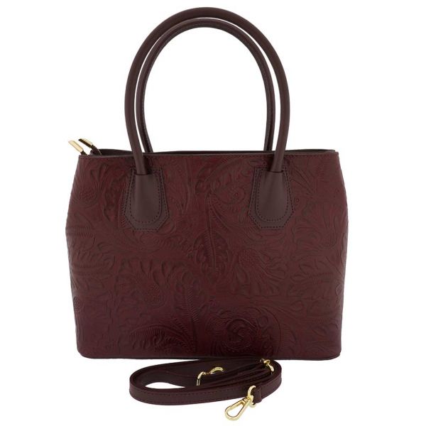 Fioretta Italian Flower Embossed Leather Top Handle Tote Shoulder Bag For Women - Mahogany Red