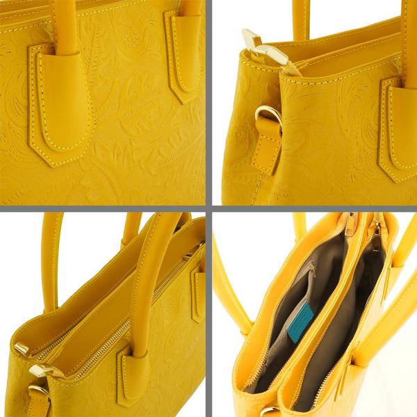 Fioretta Italian Flower Embossed Leather Top Handle Tote Shoulder Bag For Women - Yellow