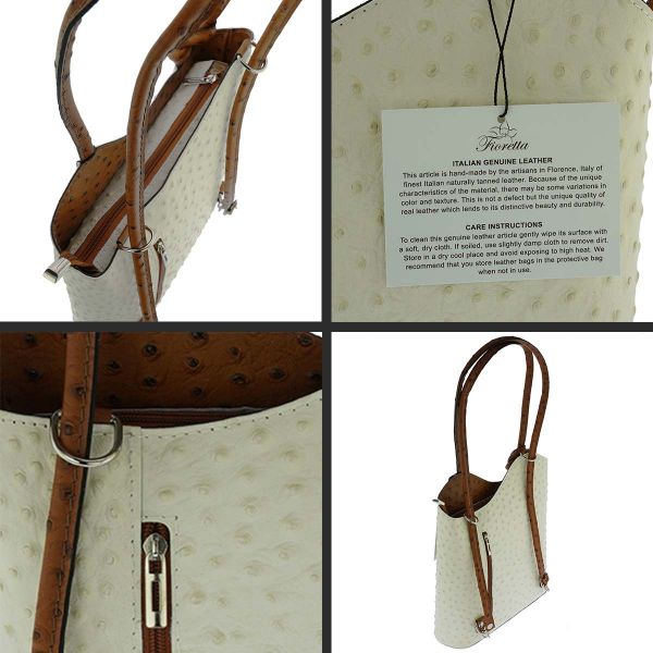 Fioretta Italian Genuine Leather Ostrich Pattern Top Dual Handles Tote Shoulder Bag Backpack Handbag For Women - Beige Brown