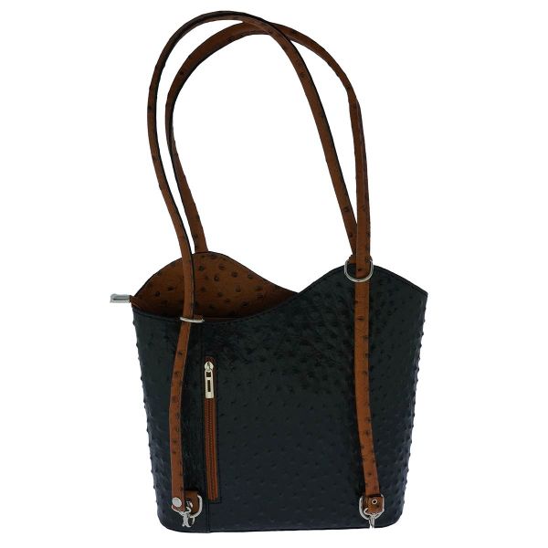 Fioretta Italian Genuine Leather Ostrich Pattern Top Dual Handles Tote Shoulder Bag Backpack Handbag For Women - Black Brown