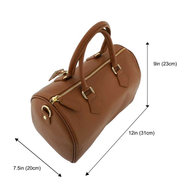 Fioretta Italian Genuine Leather Satchel Barrel Handbag Crossbody For Women - Brown