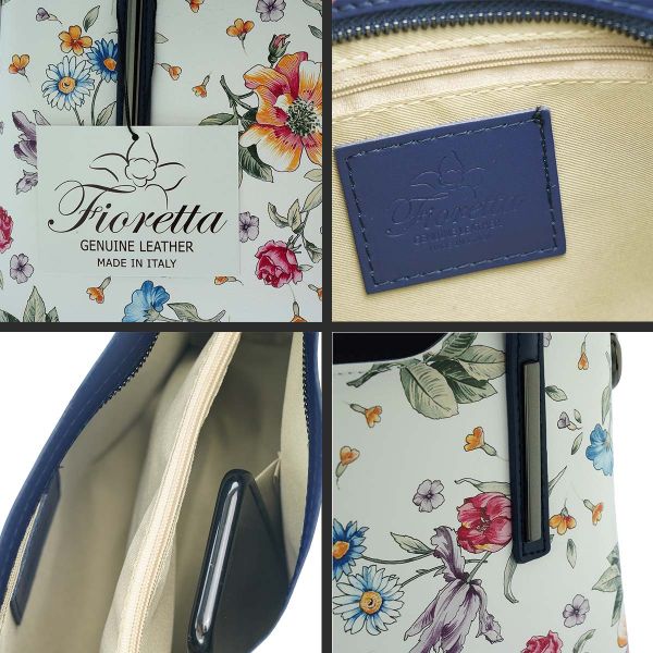 Fioretta Italian Genuine Leather Flower Pattern Top Dual Handles Tote Shoulder Crossbody Handbag For Women - Blue
