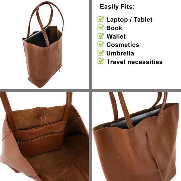 Fioretta Italian Genuine Leather Shopper Bag Carryall Handbag Shoulder Bag Tote for Women - Brown