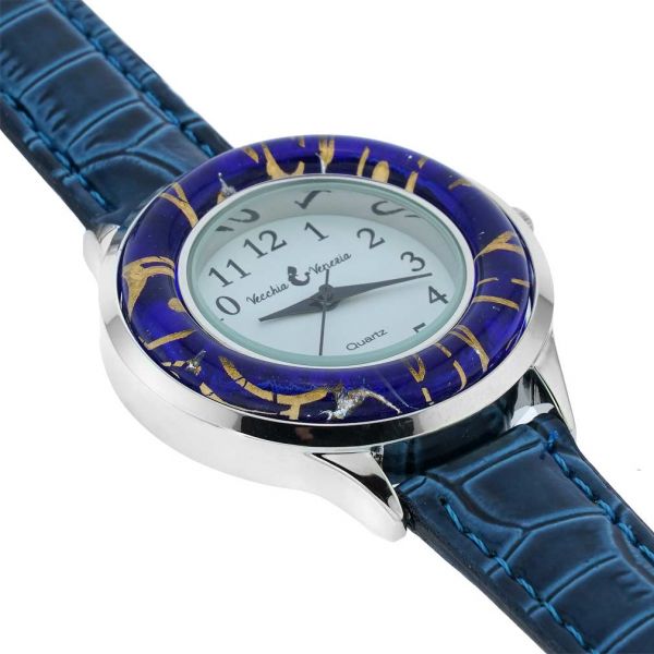 Gold Leaf Murano Glass Watch With Leather Band - Blue
