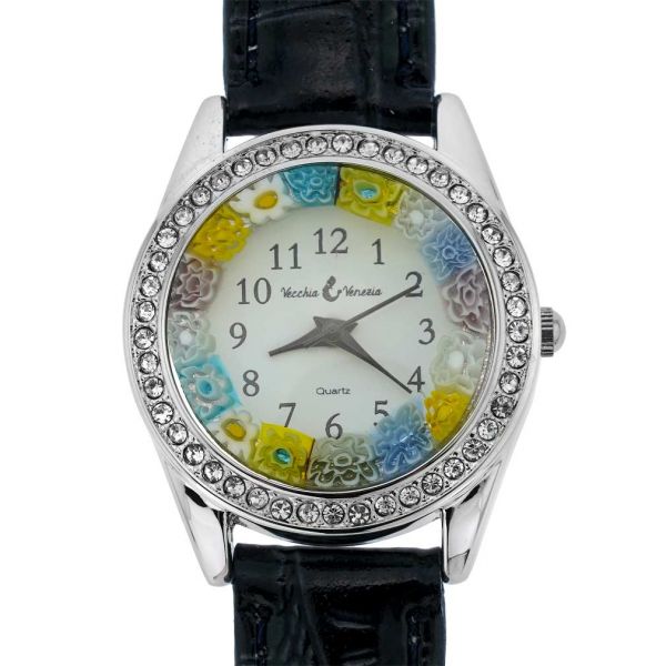 Venetian Crystals Murano Glass Watch With Leather Band - Black