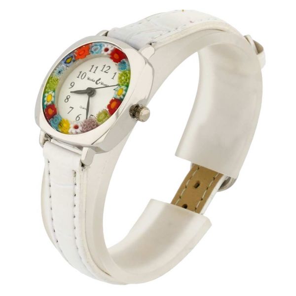 Murano Millefiori Square Watch With Leather Band - White Multicolor