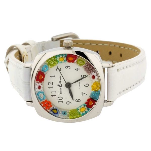 Murano Millefiori Square Watch With Leather Band - White Multicolor