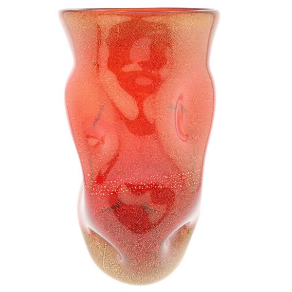 Murano Art Glass Wavy Vase - Red Gold