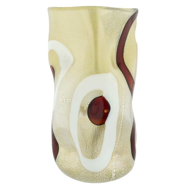 Murano Art Glass Wavy Vase - Cream and Coffee Circles