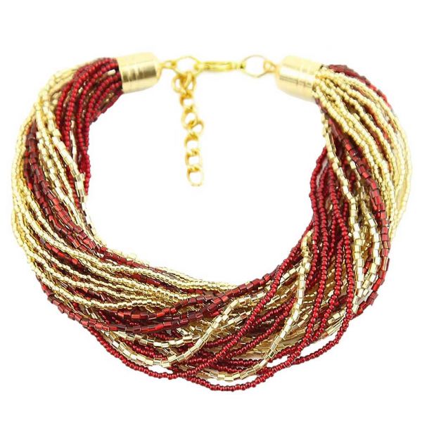 Gloriosa 24 Strand Seed Bead Murano Bracelet - Red and Gold