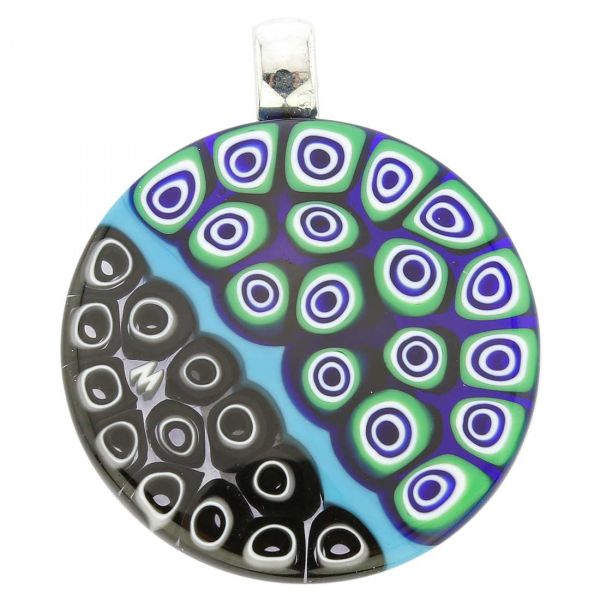 Abstract Millefiori Round Pendant - Blue and Black