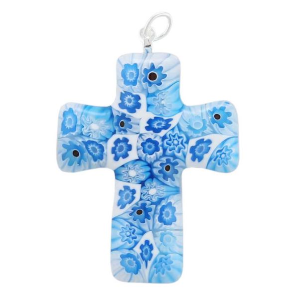 Tender Blue Murano Millefiori Cross Pendant