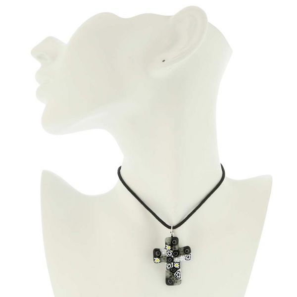 Black and White Murano Millefiori Cross Pendant