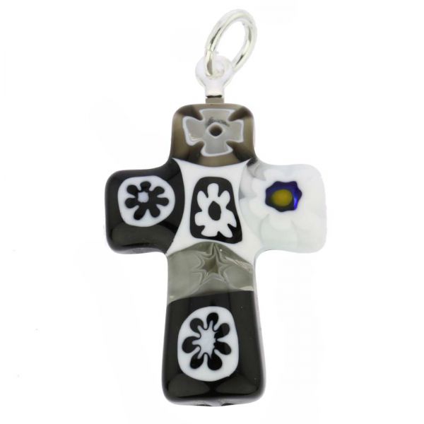 Black and White Millefiori Small Cross Pendant