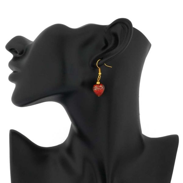 Murano Heart Earrings - Red Sparkles