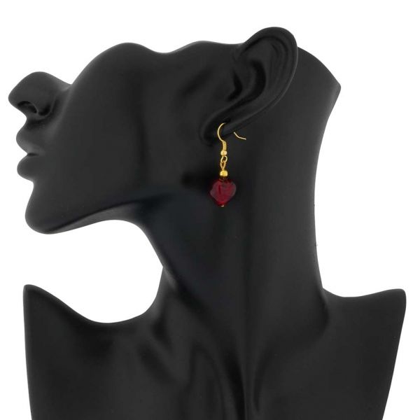 Murano Heart Earrings - Ruby Red