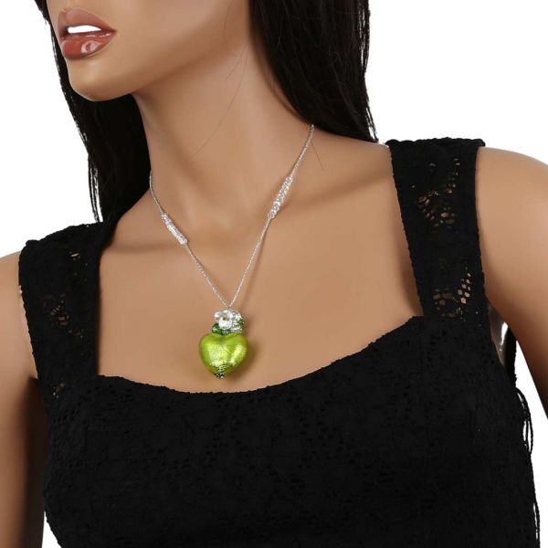 Venetian Love Heart Necklace - Silver and Lime Green
