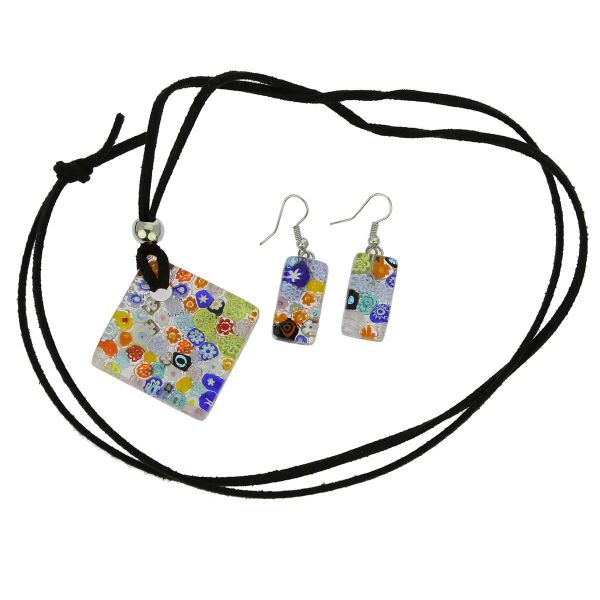 Murano Glass Millefiori Square Necklace and Earrings Set