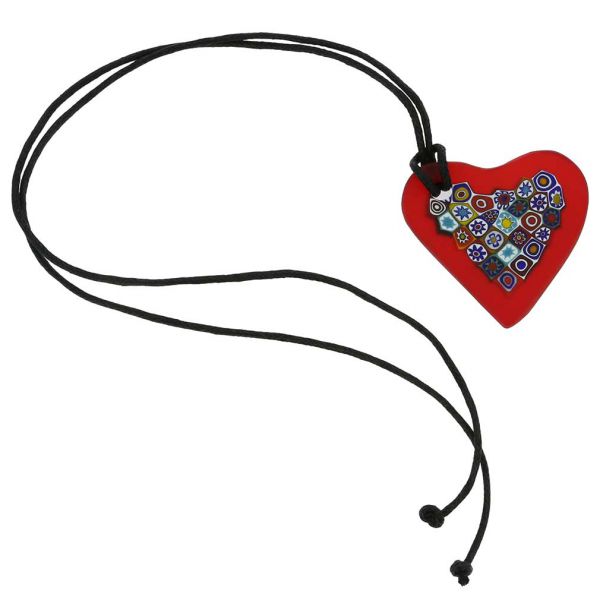 Murano Necklaces | Murano Glass Matte Millefiori Heart Necklace - Red