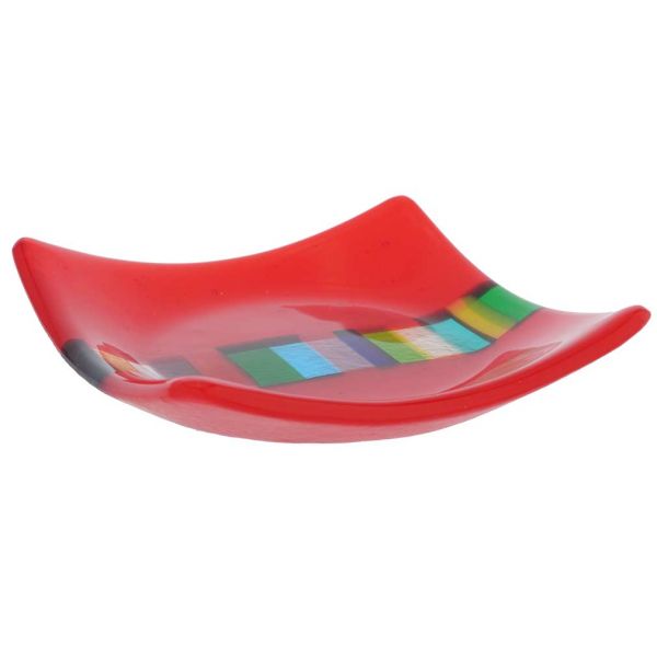 Murano Glass Ruby Red Plate With Rainbow Ribbon