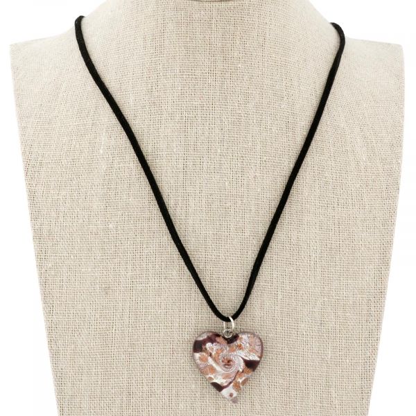 Murano Glass Tender Heart Necklace Purple Swirls