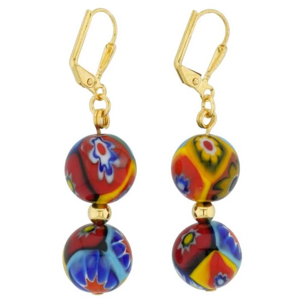 Murano Mosaic Millefiori Festive Balls Earrings - Gold
