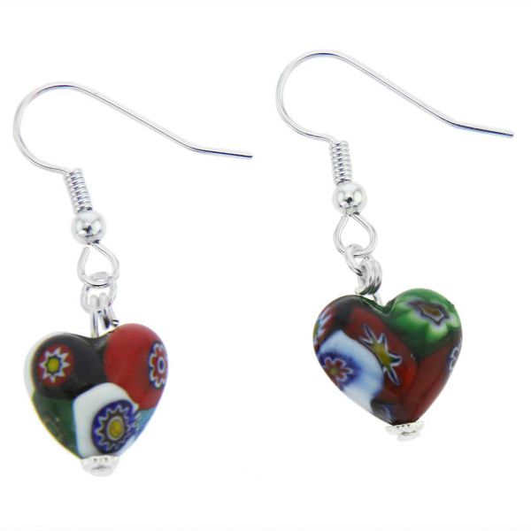 Murano Mosaic Millefiori Heart Earrings - Silver