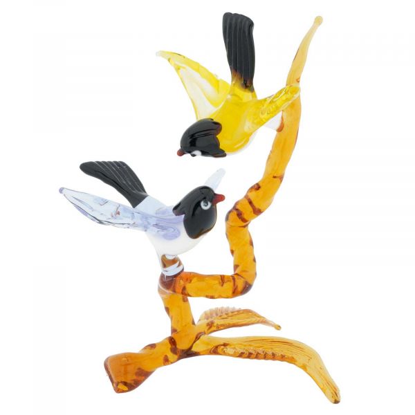 Murano Glass Birds On Golden Brown Branch - Blue and Yellow