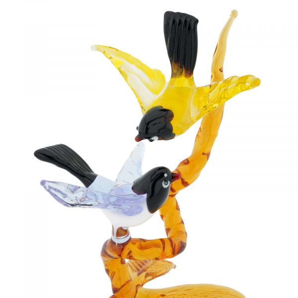 Murano Glass Birds On Golden Brown Branch - Blue and Yellow