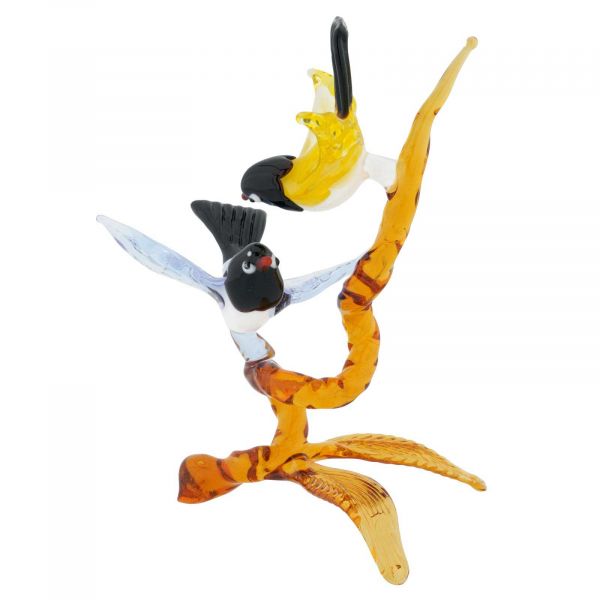 Murano Glass Birds On Golden Brown Branch - Blue and Yellow