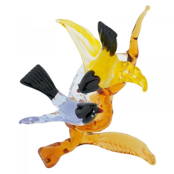 Murano Glass Birds On Golden Brown Branch - Blue and Yellow
