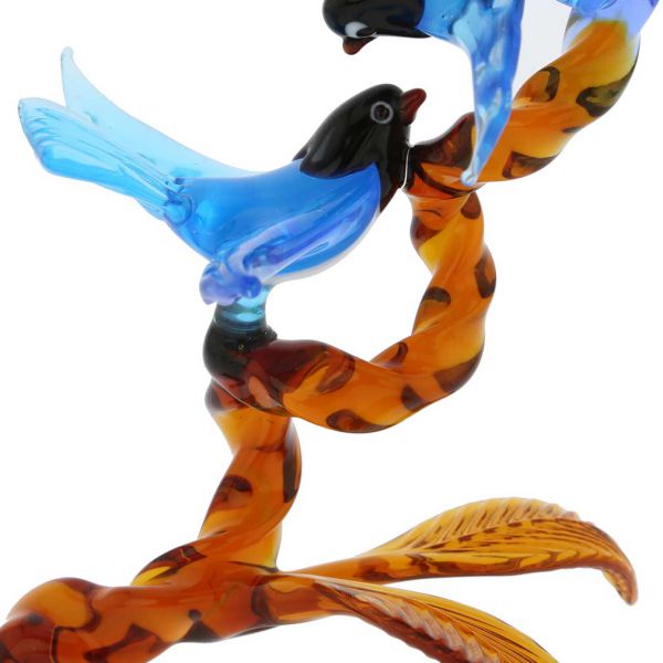 Murano Sculptures Murano Glass Birds On Golden Brown Branch Blue