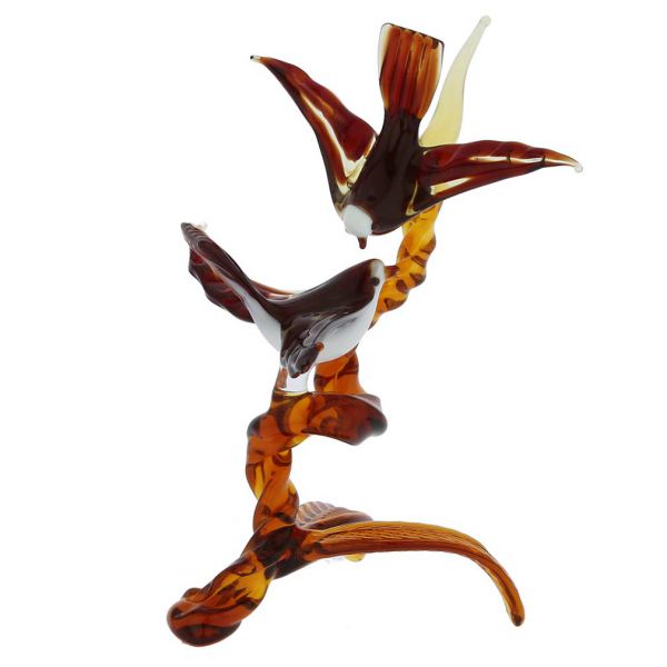 Murano Glass Birds On A Branch - Golden Brown Red