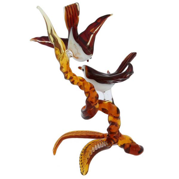 Murano Glass Birds On A Branch - Golden Brown Red