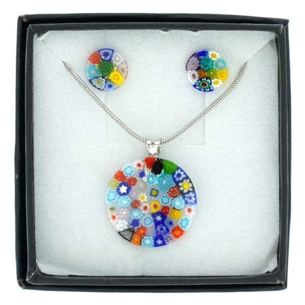 Murano Glass Millefiori Necklace and Earrings Set - Round Multicolor
