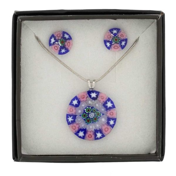Murano Glass Millefiori Necklace and Earrings Set - Round Pink