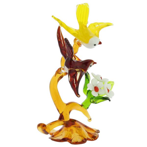 Murano Glass Birds On a Tree With Flower - Red and Yellow
